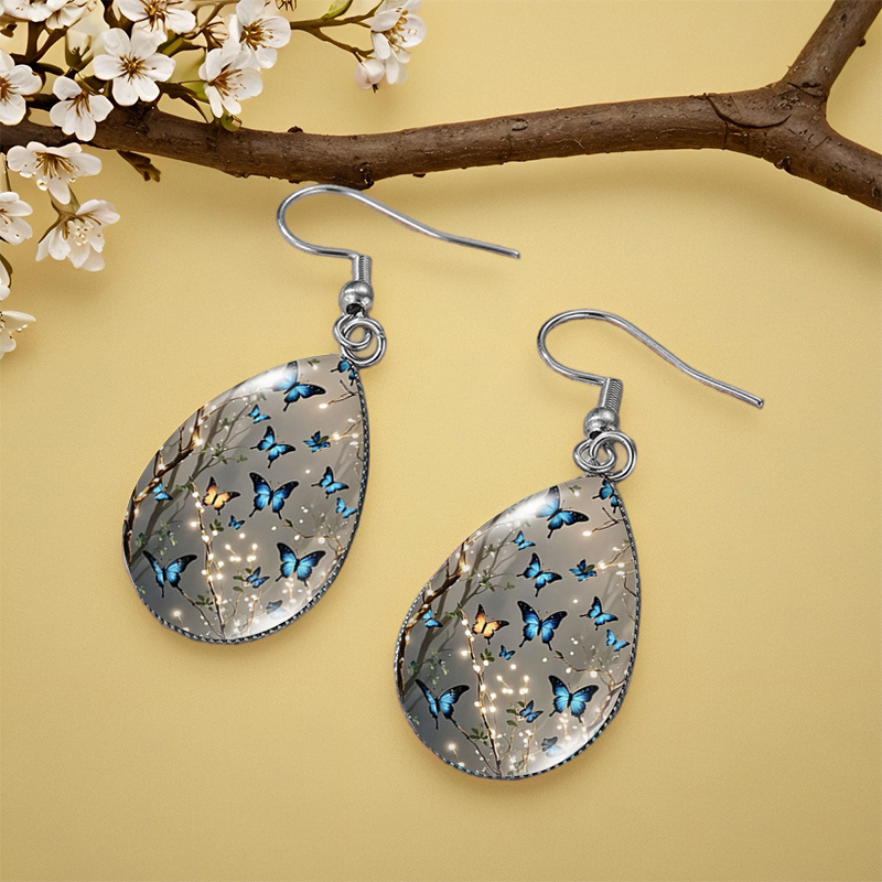 Women's Blue Butterflies in the Forest Water Drop Earrings